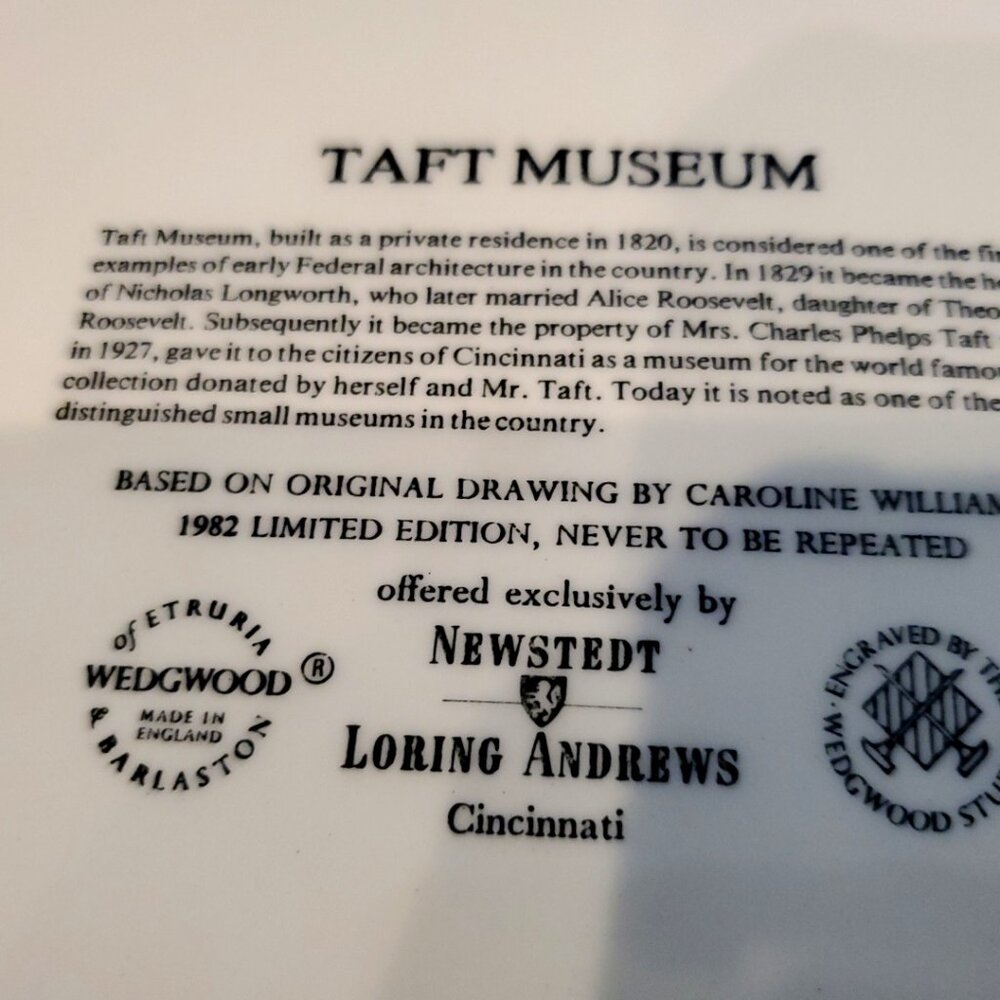 VTG 1982 Caroline Williams TAFT MUSEUM WEDGEWOOD Collector Plate 10 1/2'' - Picture 5 of 5